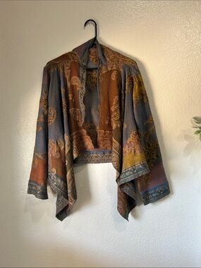 Baba Mustard Teal Rust Paisley Draped Cardigan 100% Wool One Size Chic TC0083